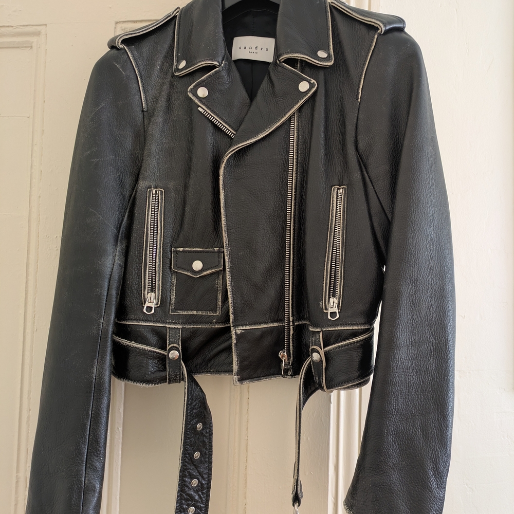 Sandro Black Leather Jacket with White Accents